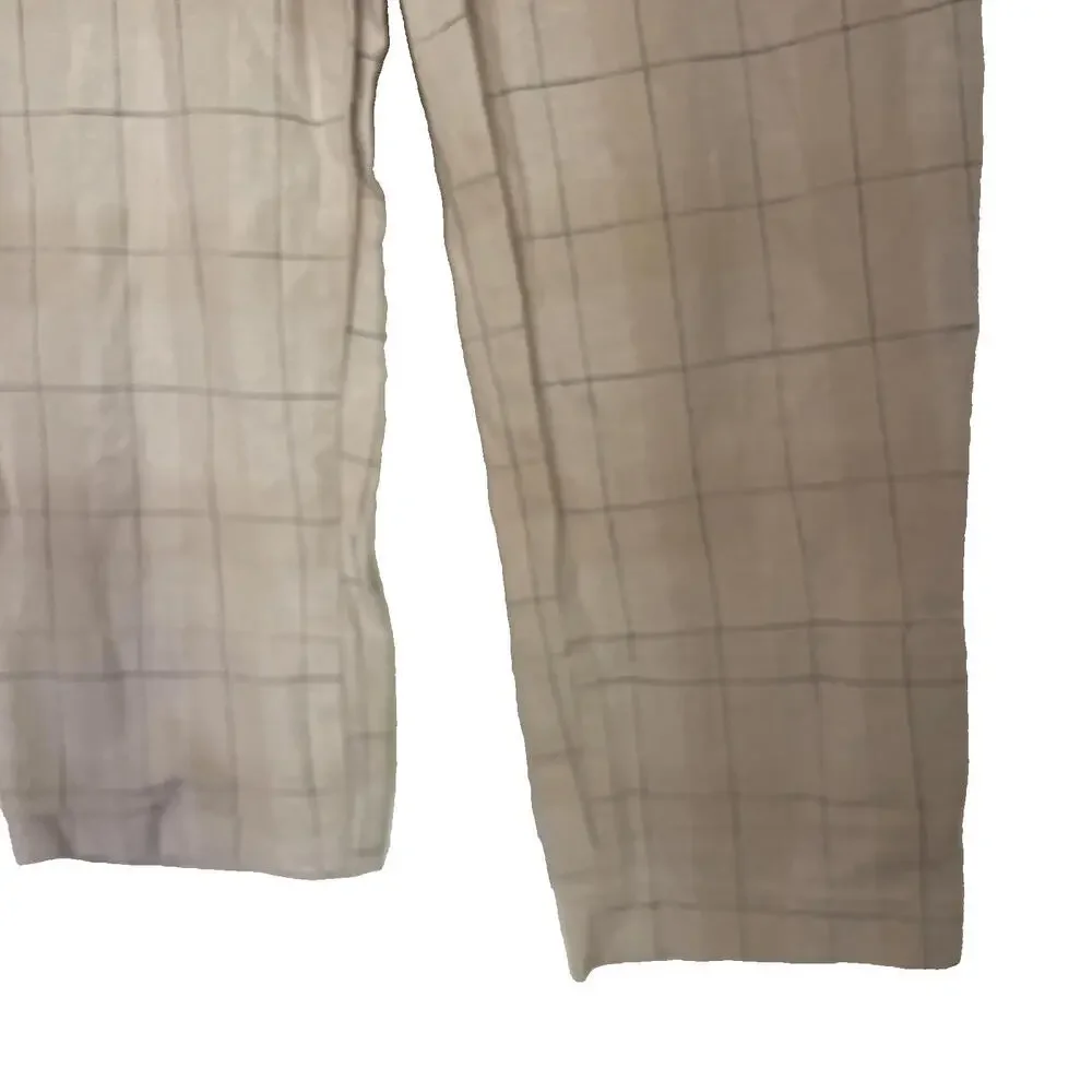 Zara Womans Pants Trousers cotton linen plaid print beige blue size S